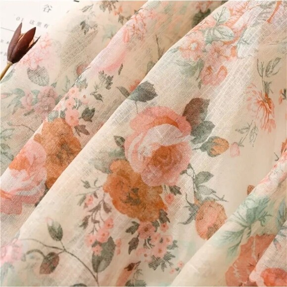 Floral scarf sheer tassel pink ivory wrap cover up Bohemian accessory - Picture 7 of 7